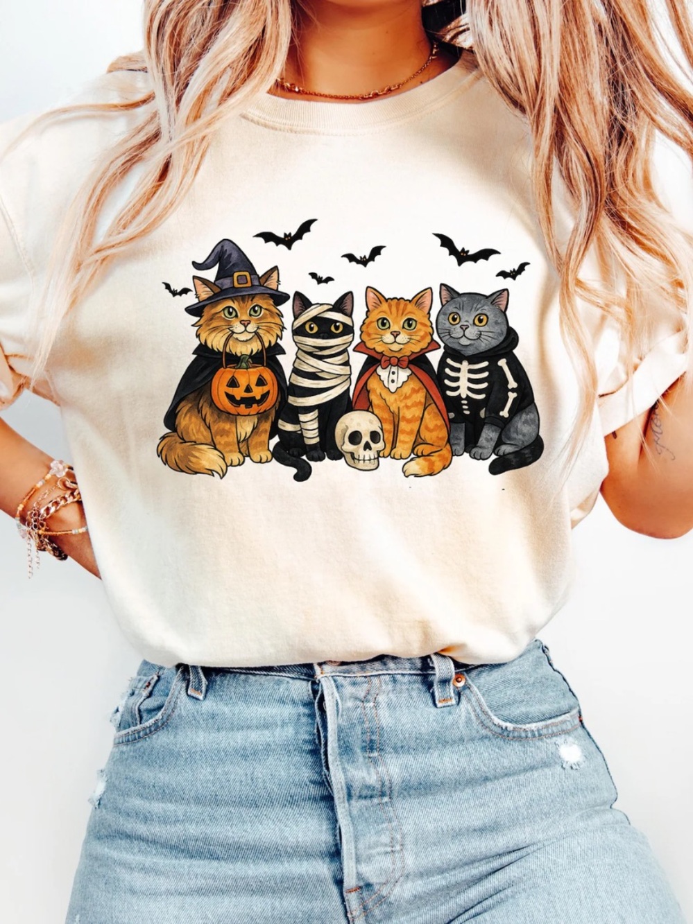 Halloween Cats Graphic Tee - Off White Cat Costume T-Shirt